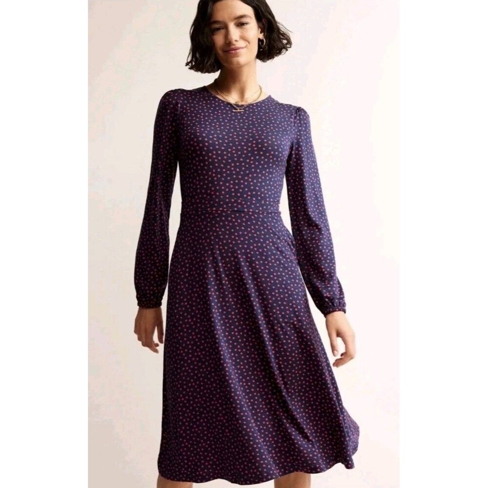 Boden Camille Long Sleeve Jersey Midi Dress Blue Multi Polka Dot Size 10L Pocket